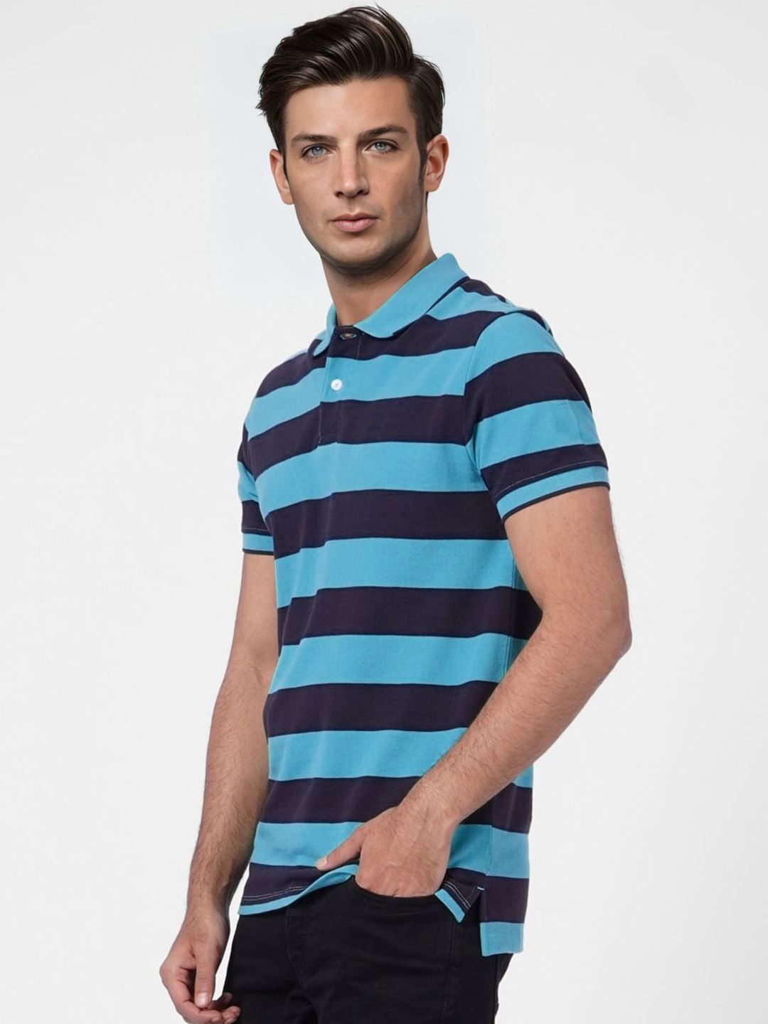 Men Aqua and Black thick Stripes regular fit Polo T-Shirt