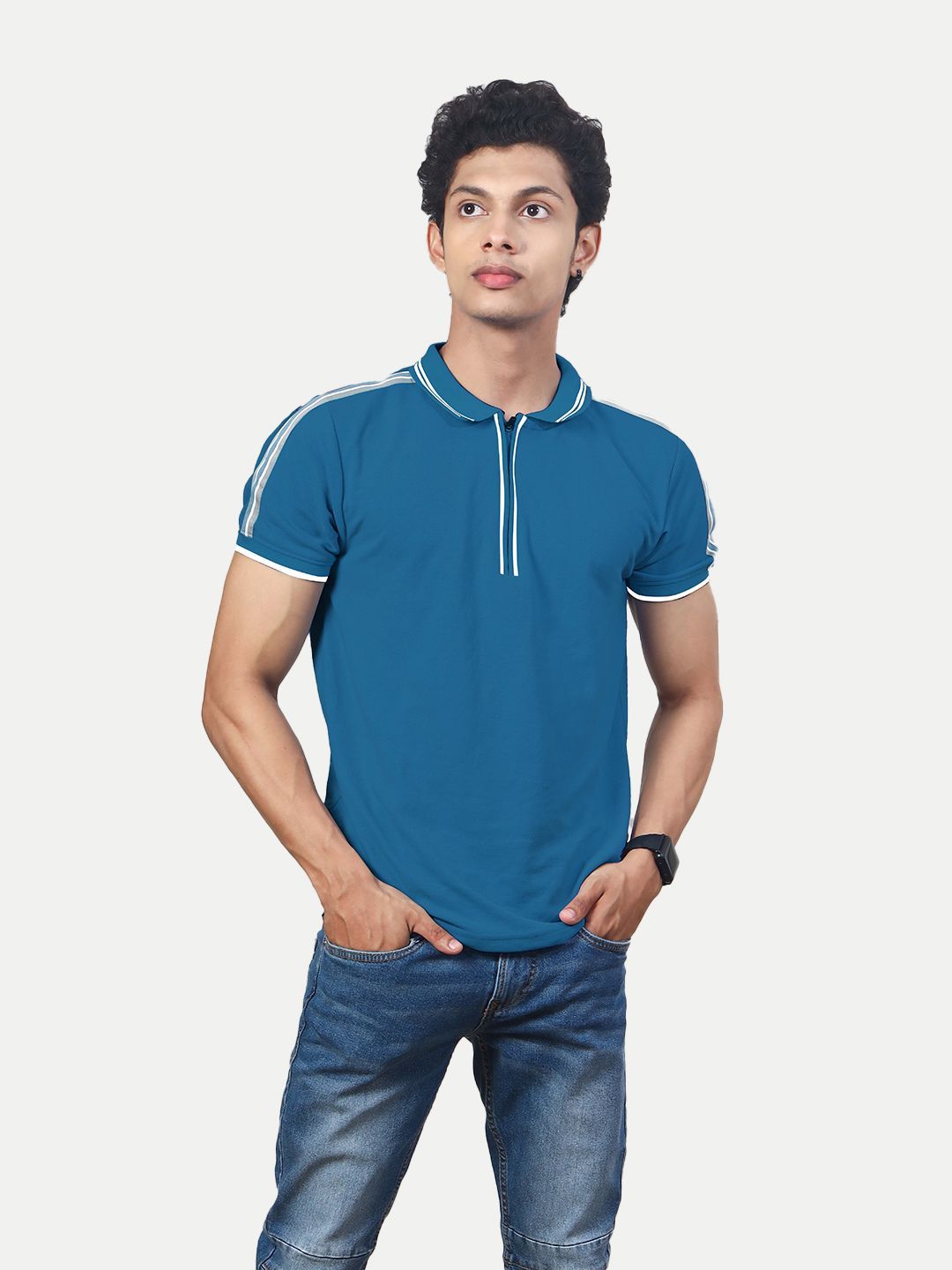 Men Solid Teal Cotton Contrast Tipping Polo T-shirt