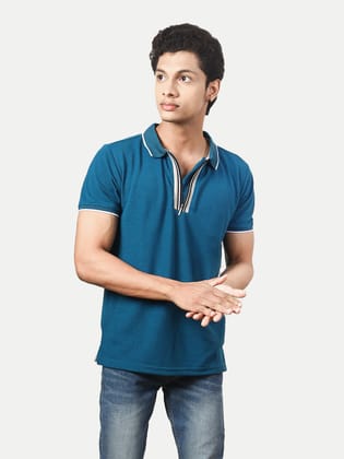 Men Teal Blue Cotton Contrast Tipping Zipper Polo T-shirt