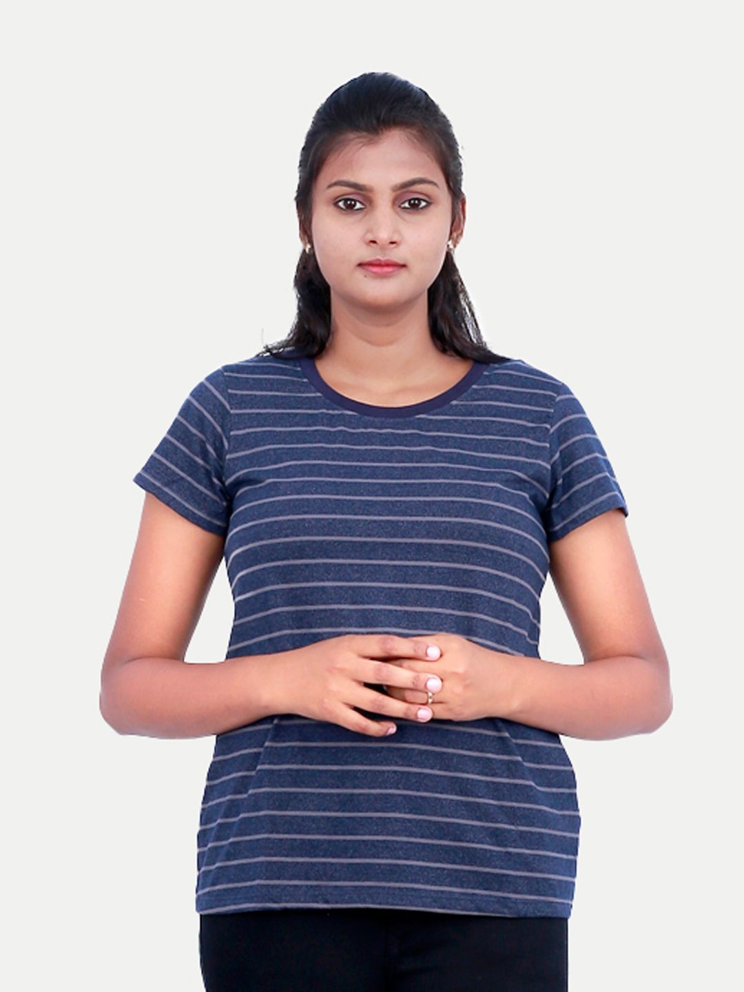 Women Blue Striped Half Sleeve T-shirt