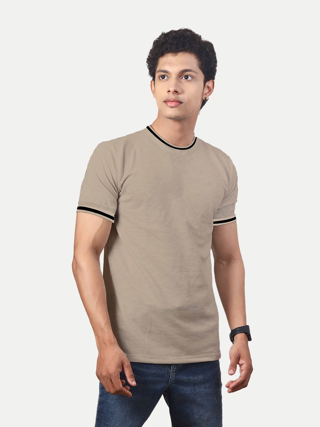Men Beige Round Neck Tee with Sleeve Print