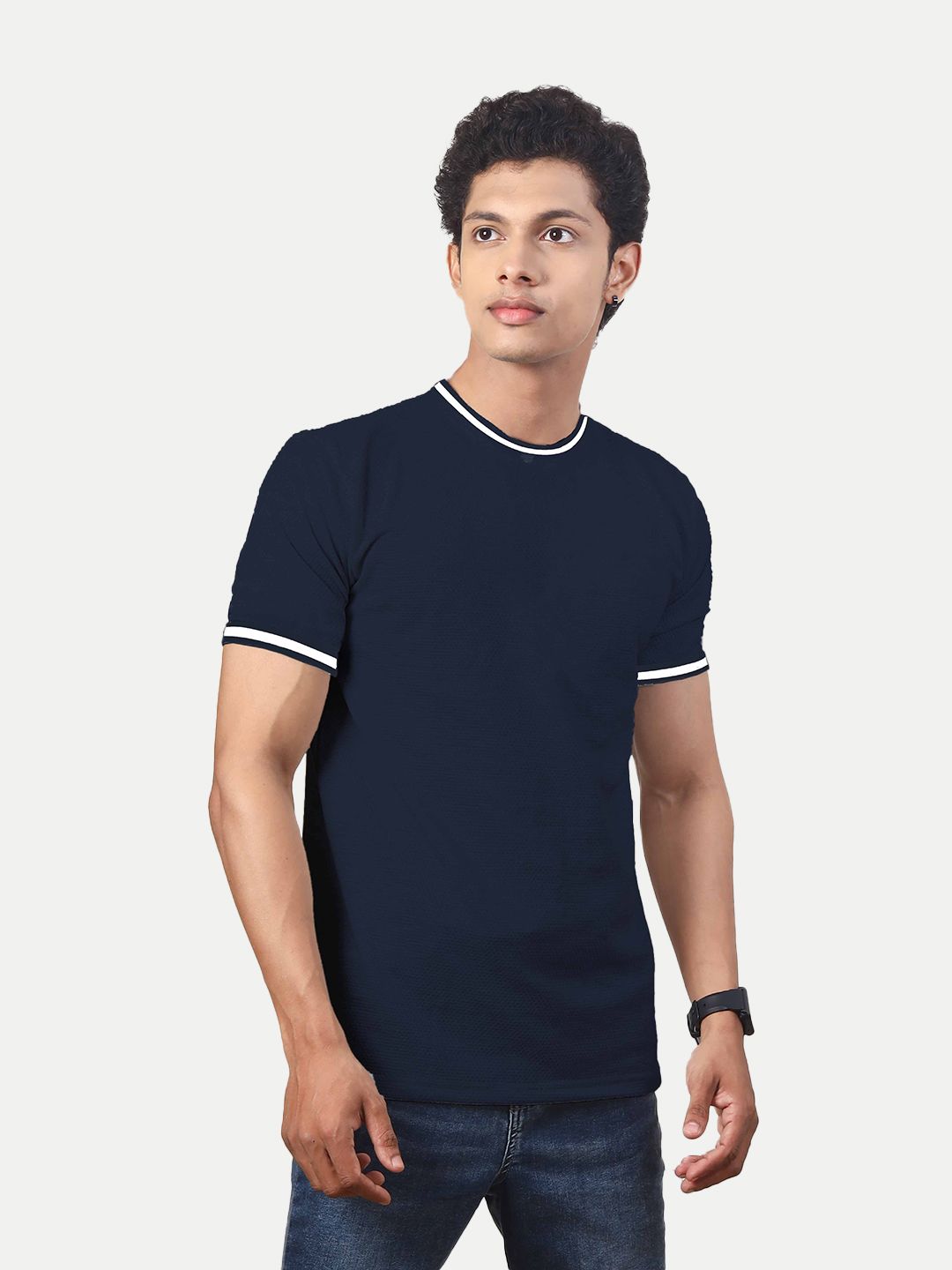 Men Navy Round Neck Tee with Sleeve Print