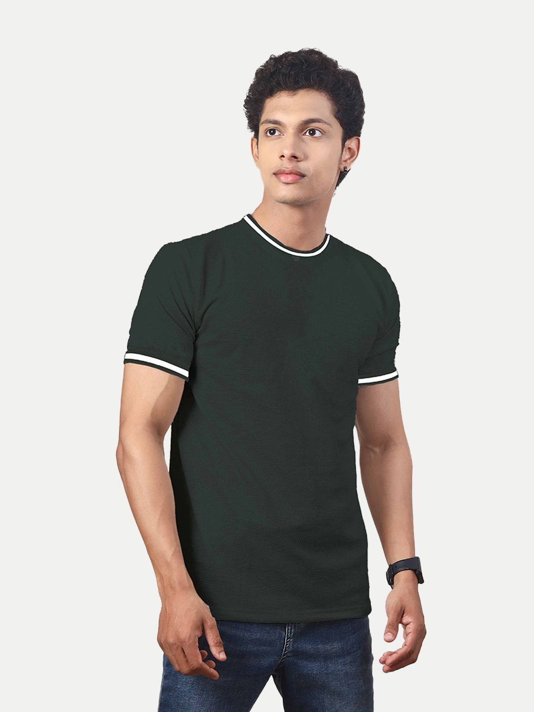 Men Olive Round Neck Tee with Sleeve Print