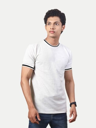 Men White Round Neck Tee with Sleeve Print