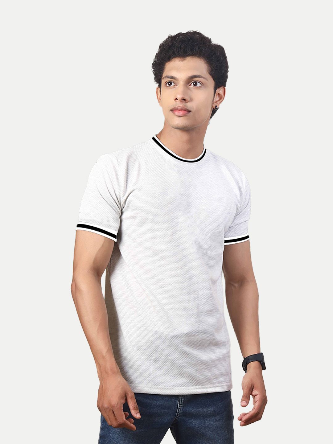 Men White Round Neck Tee with Sleeve Print