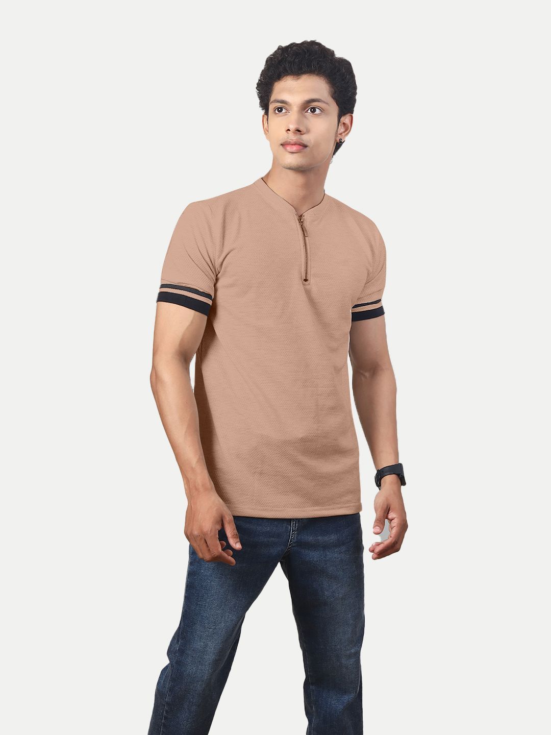 Men Solid Tees Henley Neck- Beige Colour
