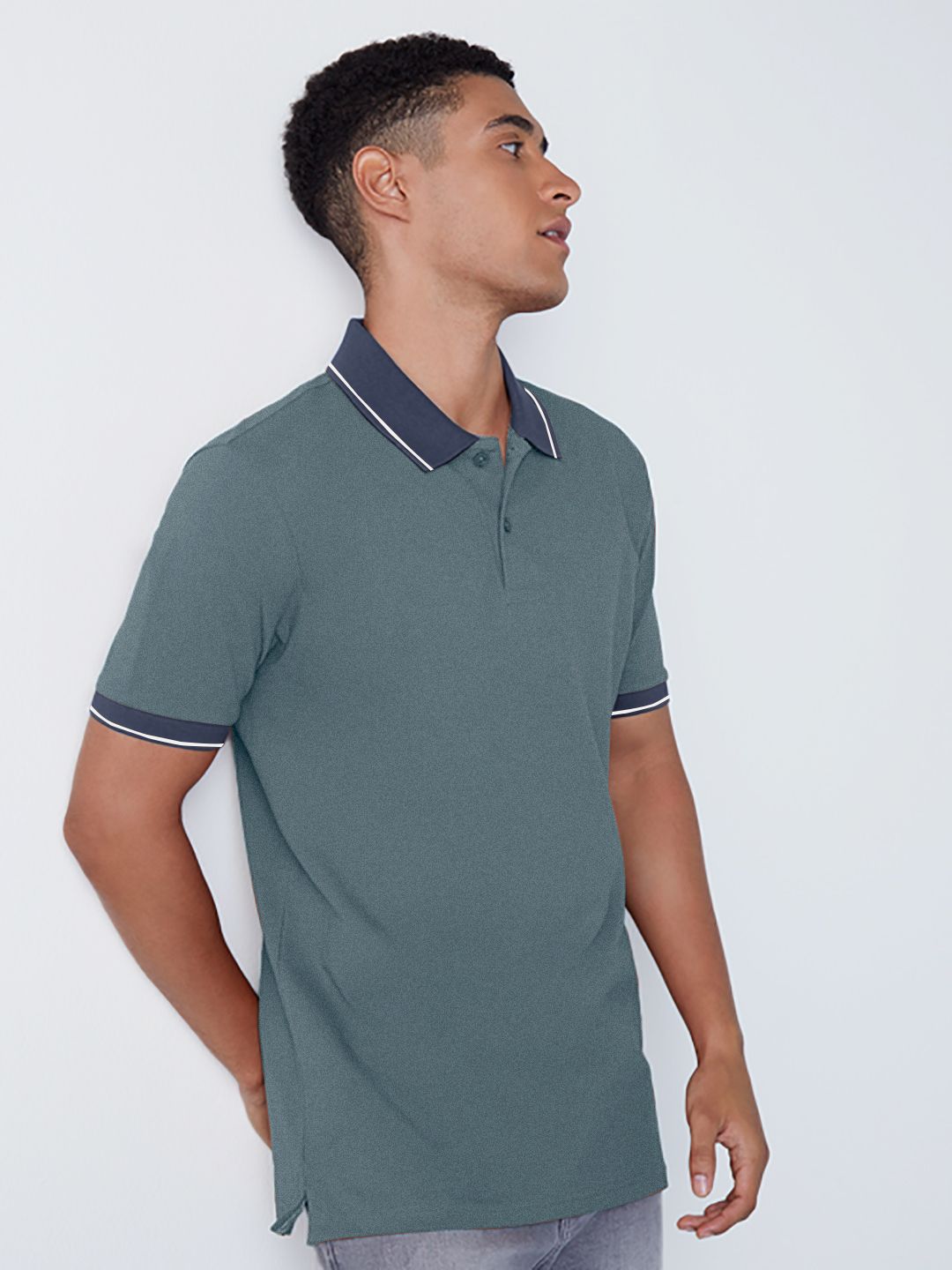Mens Petrol Cotton Jacquard Collar Polo T Shirt
