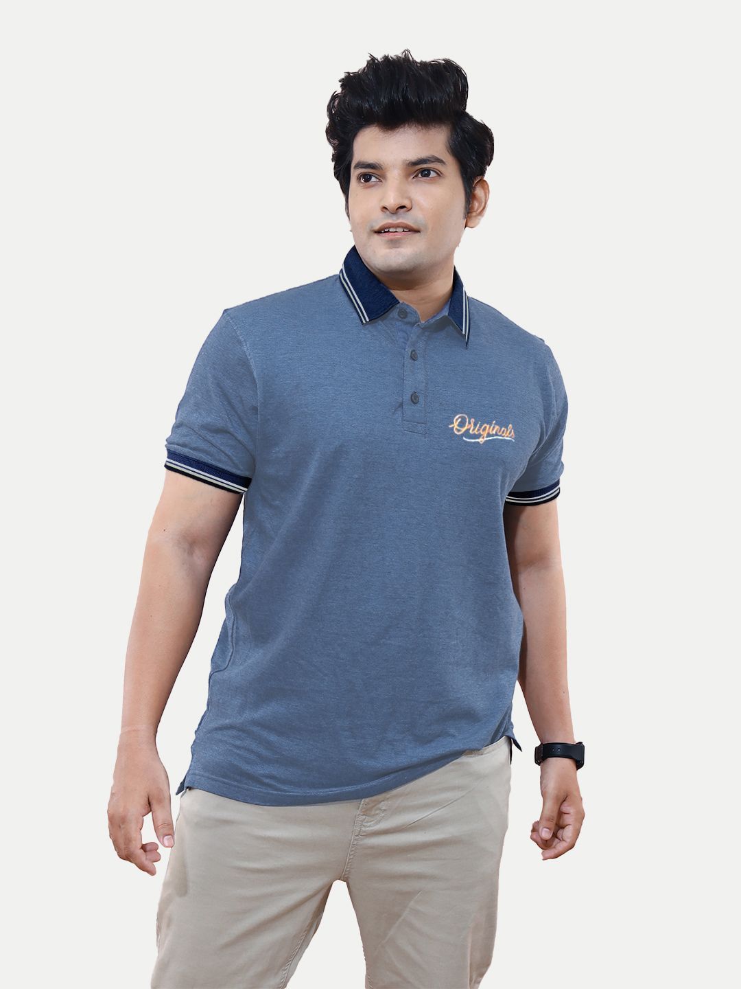 Mens Blue Cotton Jacquard Collar Polo T Shirt