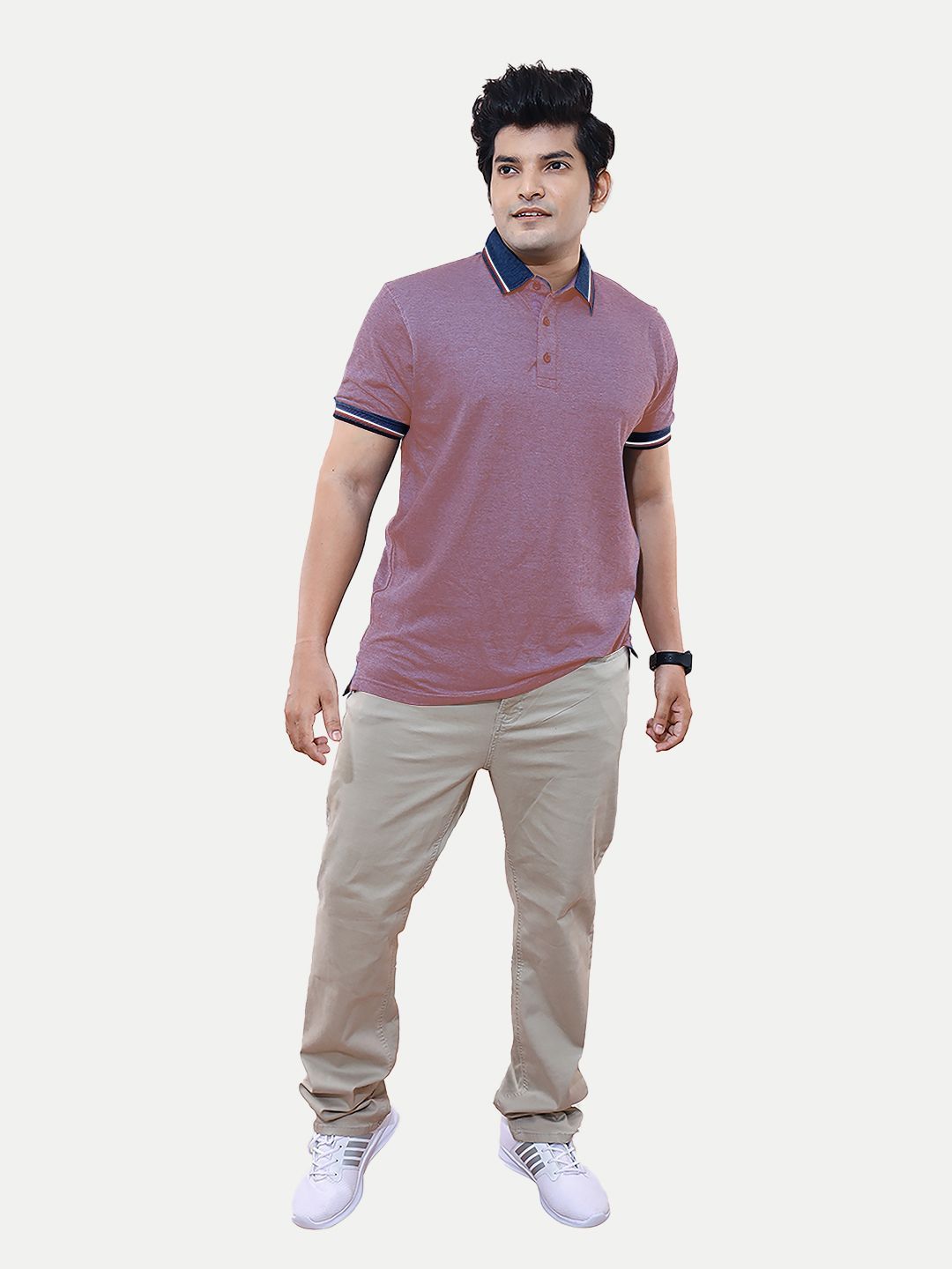 Mens Pink Cotton Jacquard Collar Polo T Shirt