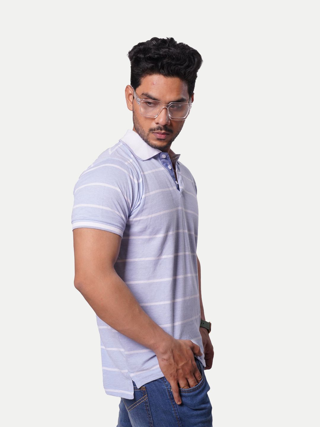 Men  Blue Striped Cotton Polo T-shirt
