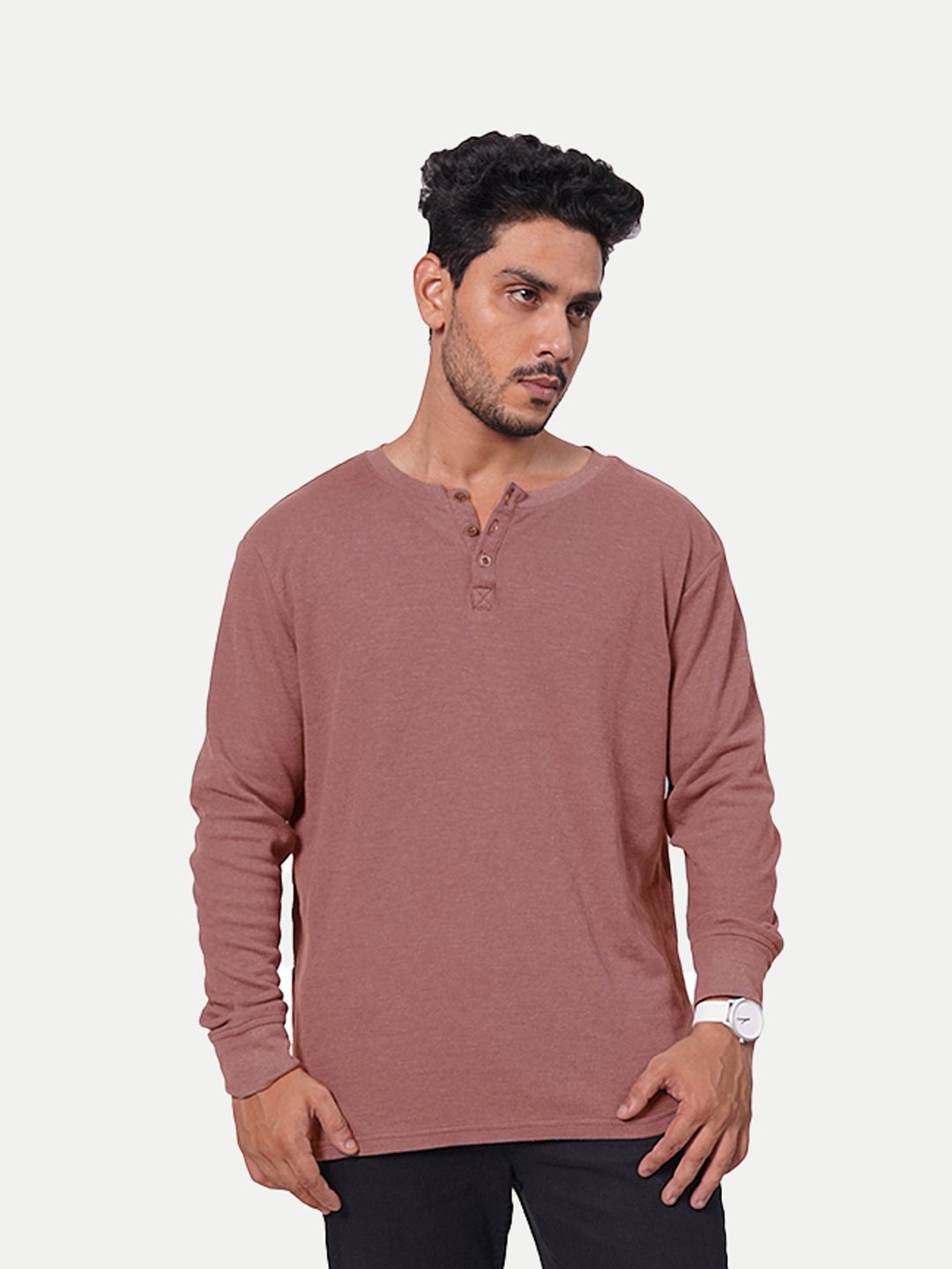Men Rust Full Sleeve Henley Neck T-Shirt