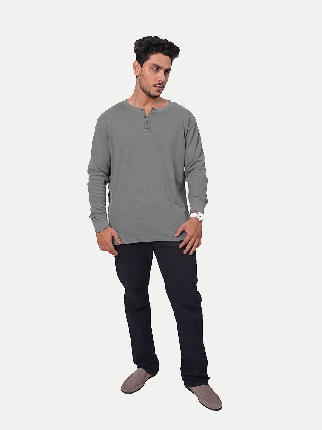 Men Olive Green Full Sleeve Henley Neck T-Shirt