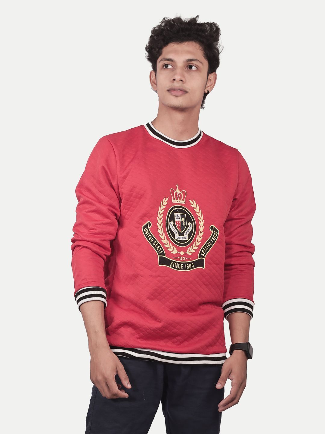 Men Red Embroidery Logo round neck Quilted Sweatshirt