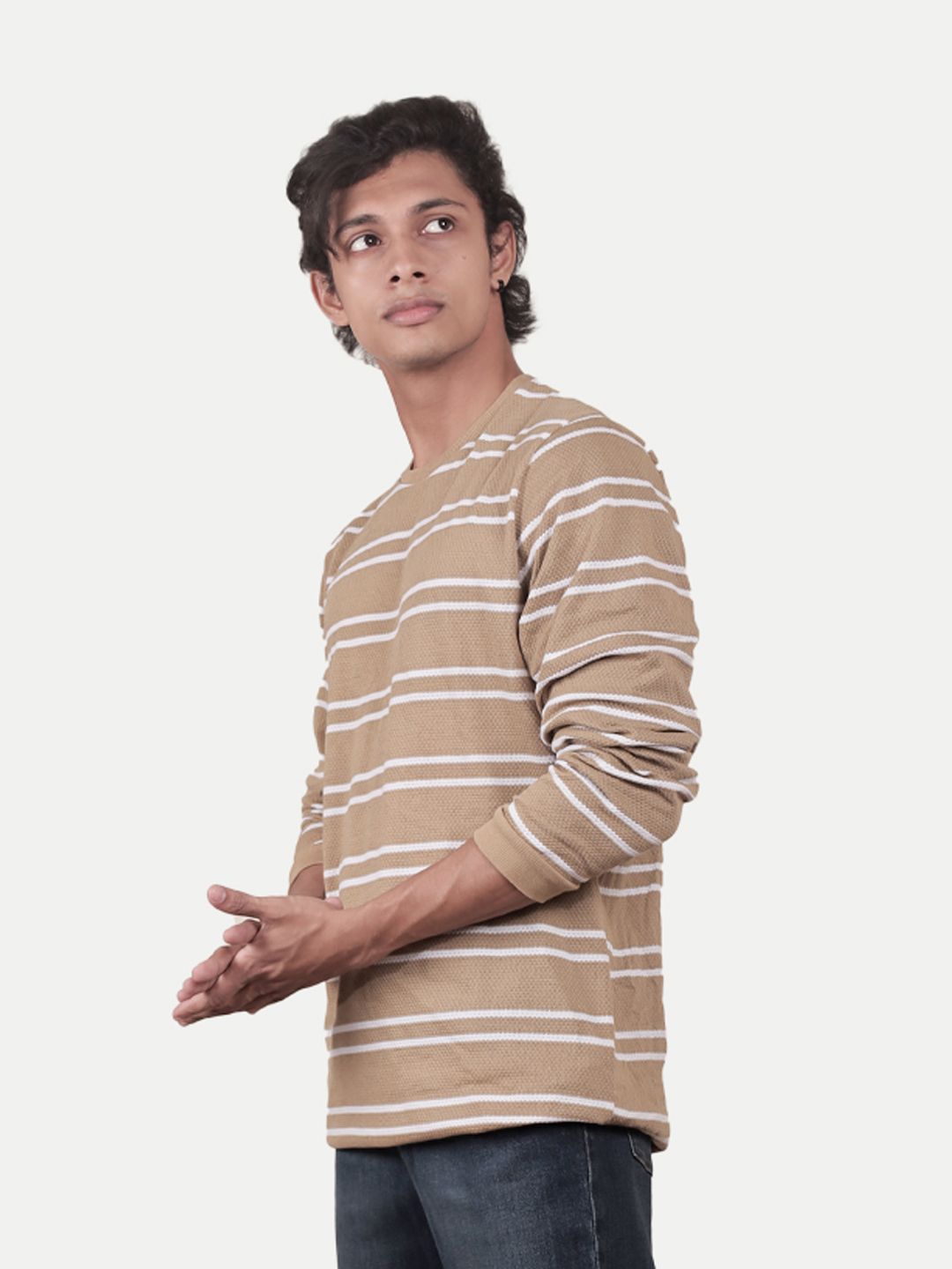 Men Beige Striped textured Pullover relaxed Sweatshirt
