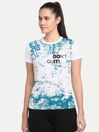 Women White / Blue Graphic Printed Gym T-shirt