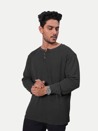Men Black Full Sleeve Henley Neck  T-Shirt