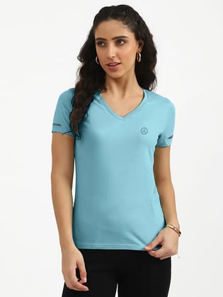 Women Light Blue Half Sleeve V Neck T-shirt