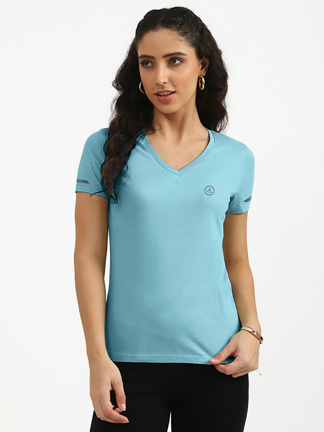 Women Light Blue Half Sleeve V Neck T-shirt