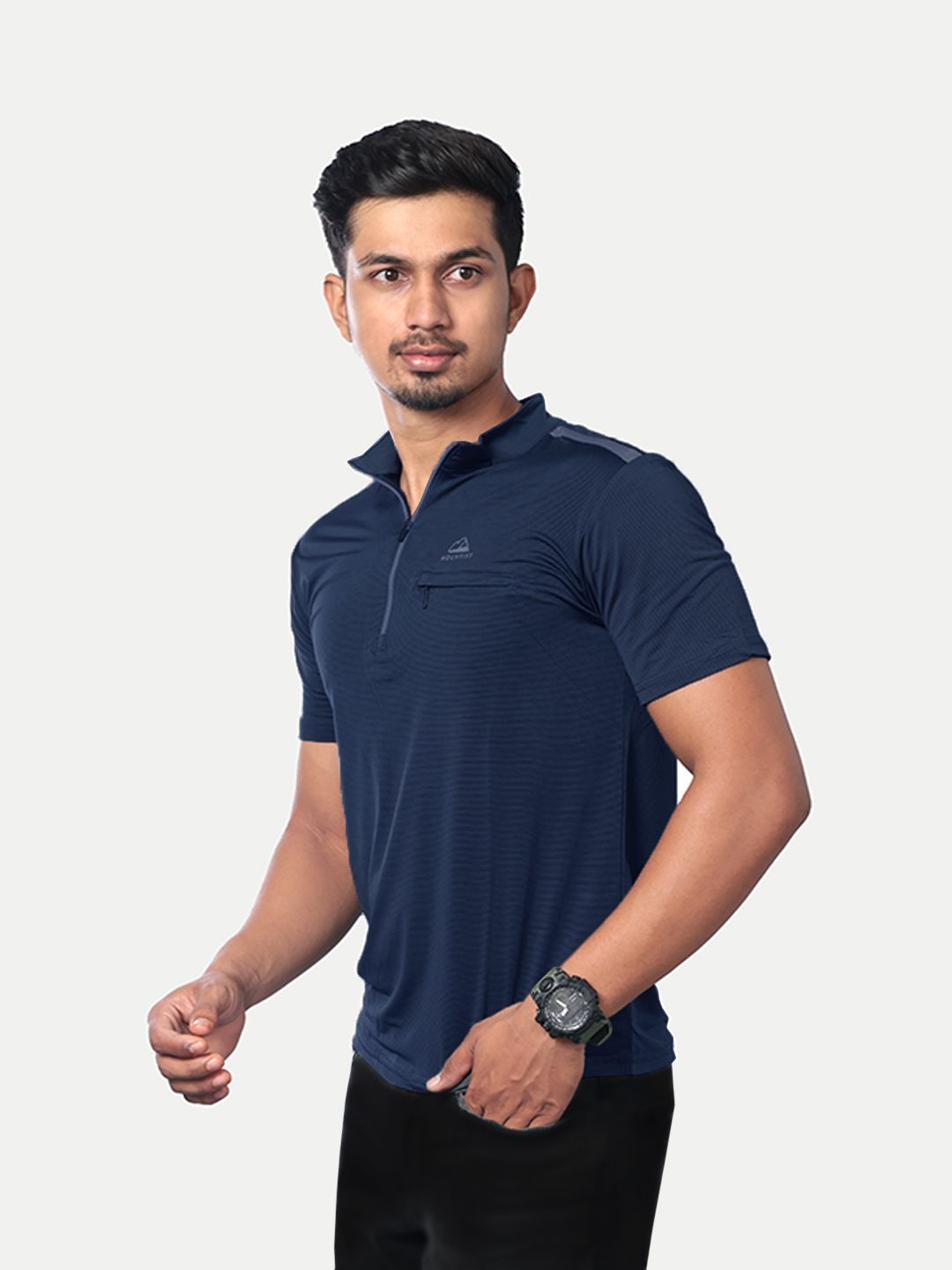 Men Navy Active wear Zipper Half Sleeve T Shirt
