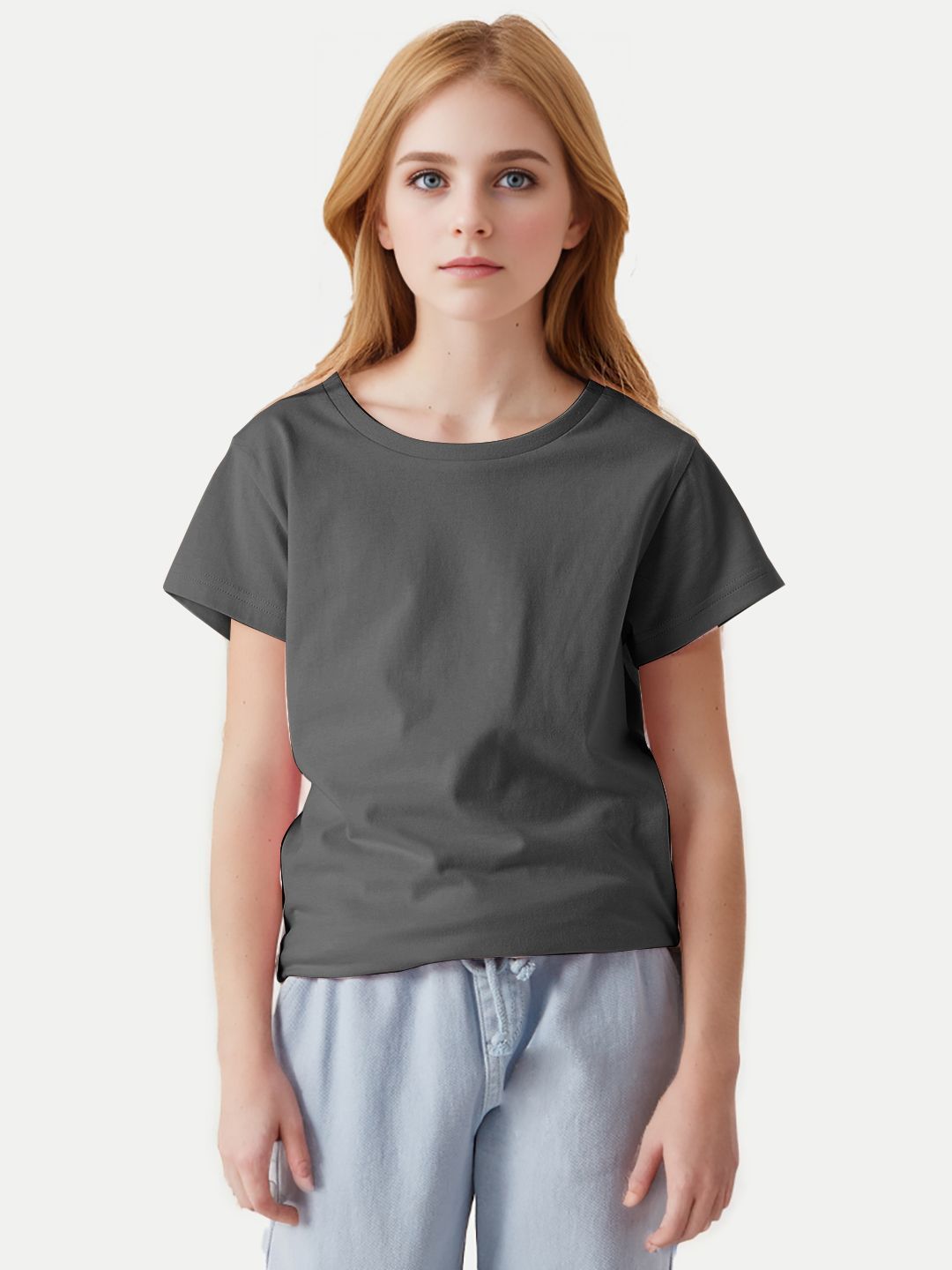 Teen Girls Navy Solid Crew Neck T-Shirt