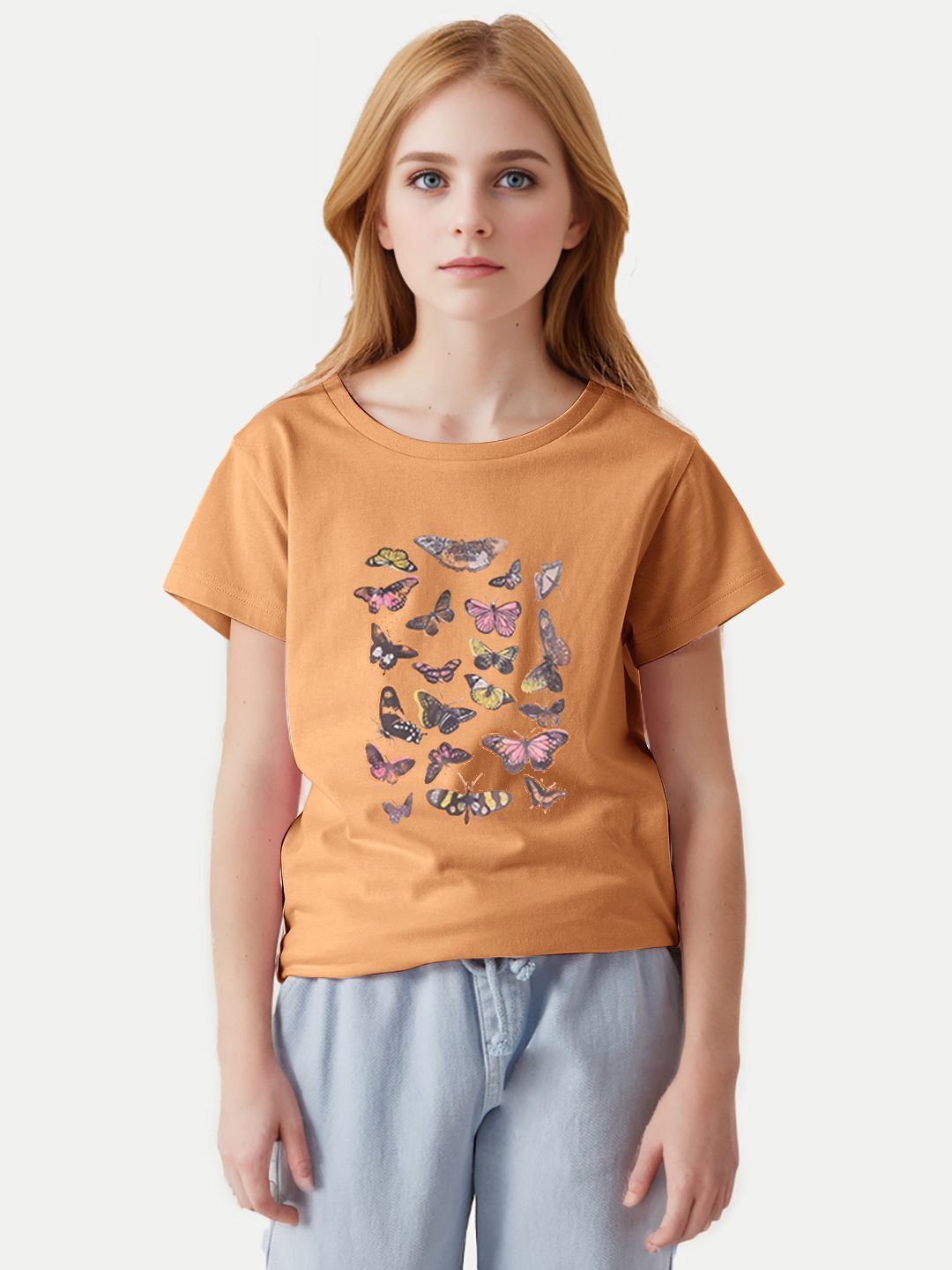 Teen Girls Mustard Printed Crew Neck T-Shirt