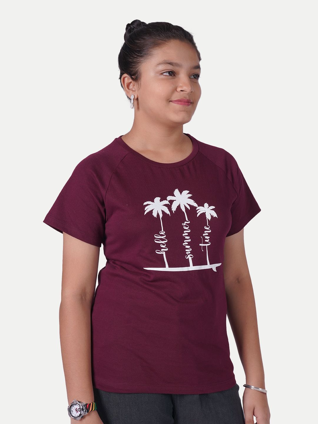 Teen Girls Maroon Printed Crew Neck T-shirt