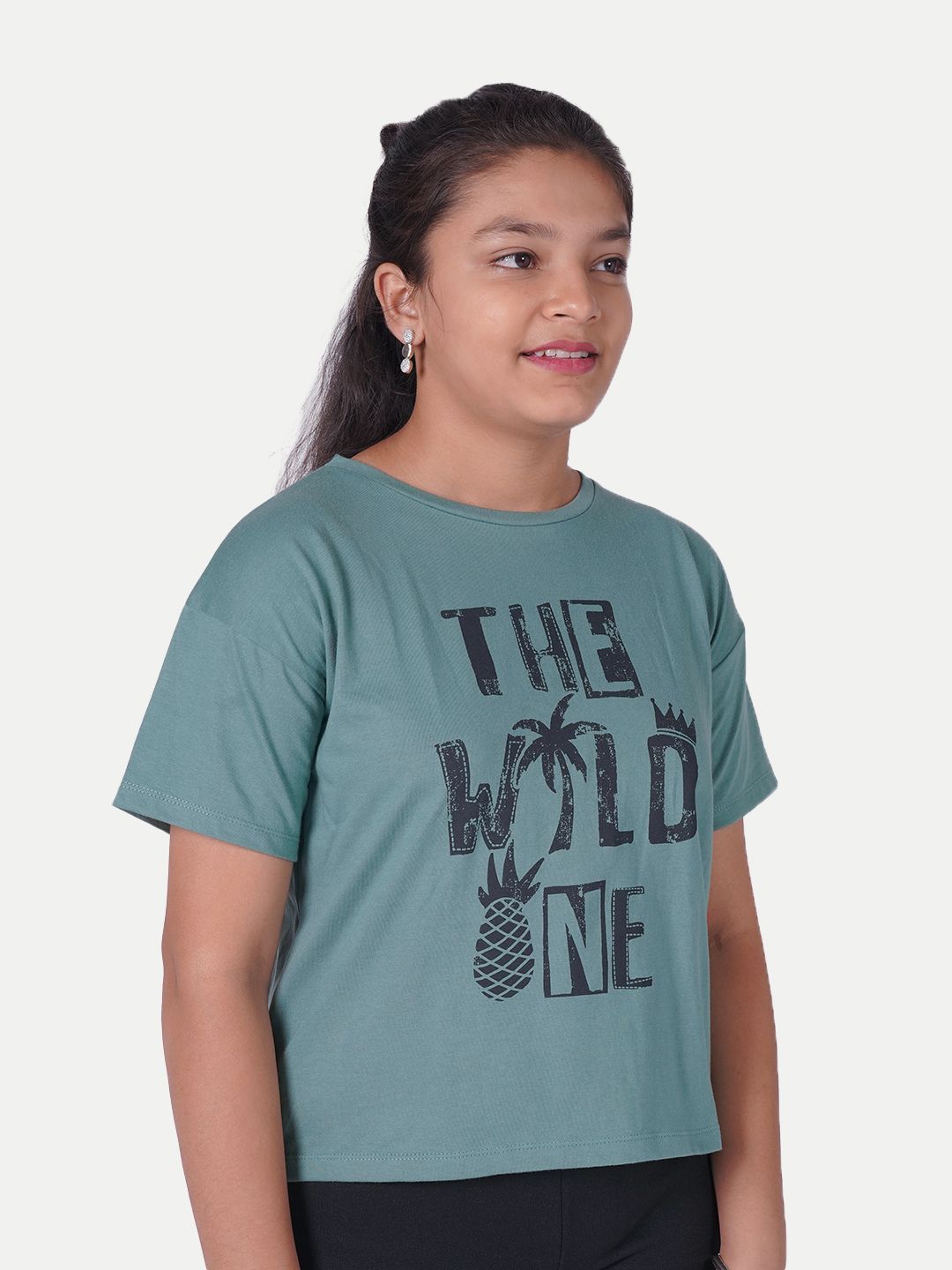 Teen Girls Teal Printed Cropped Crew Neck T-shirt