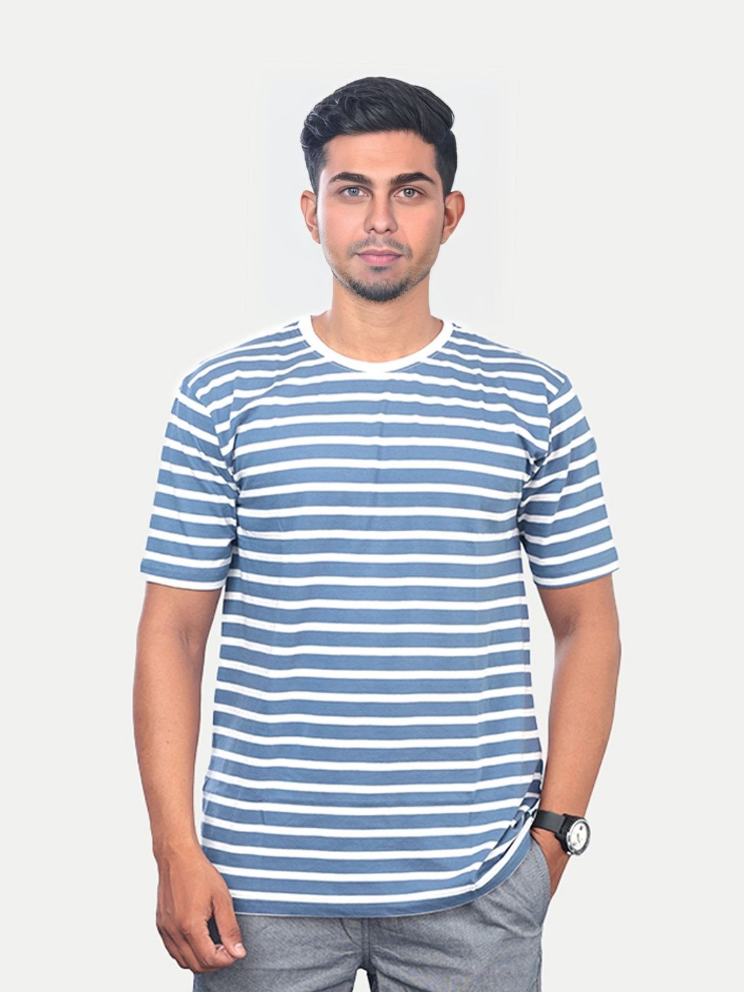Mens Blue Striped Crew Neck T-shirt