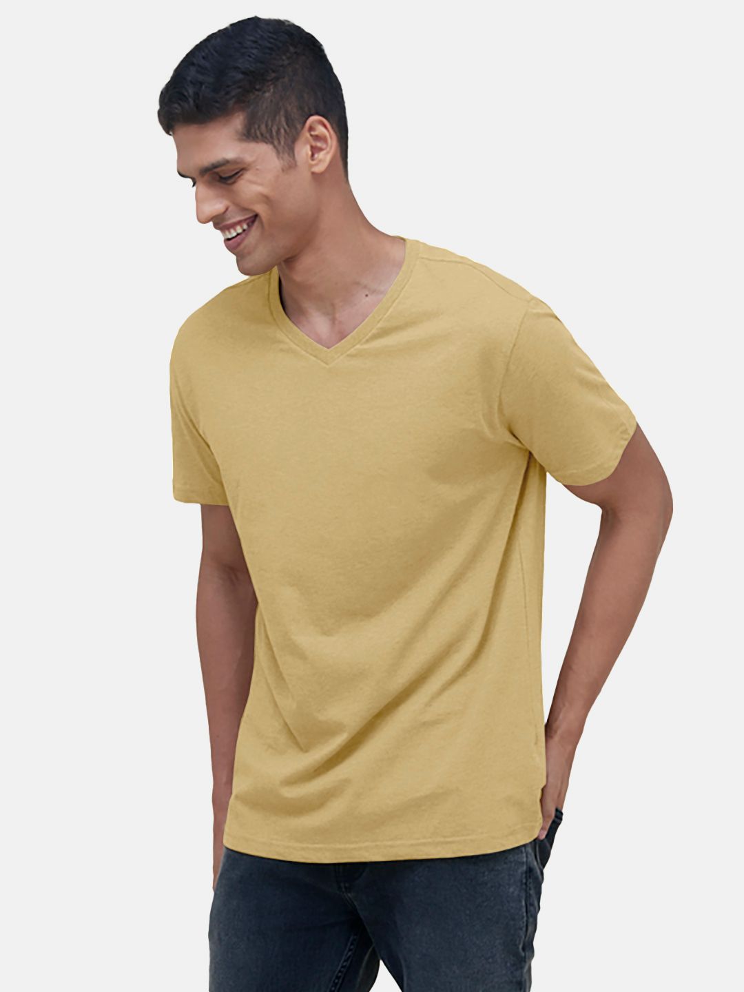 Mens Basic Sand V Neck T Shirt