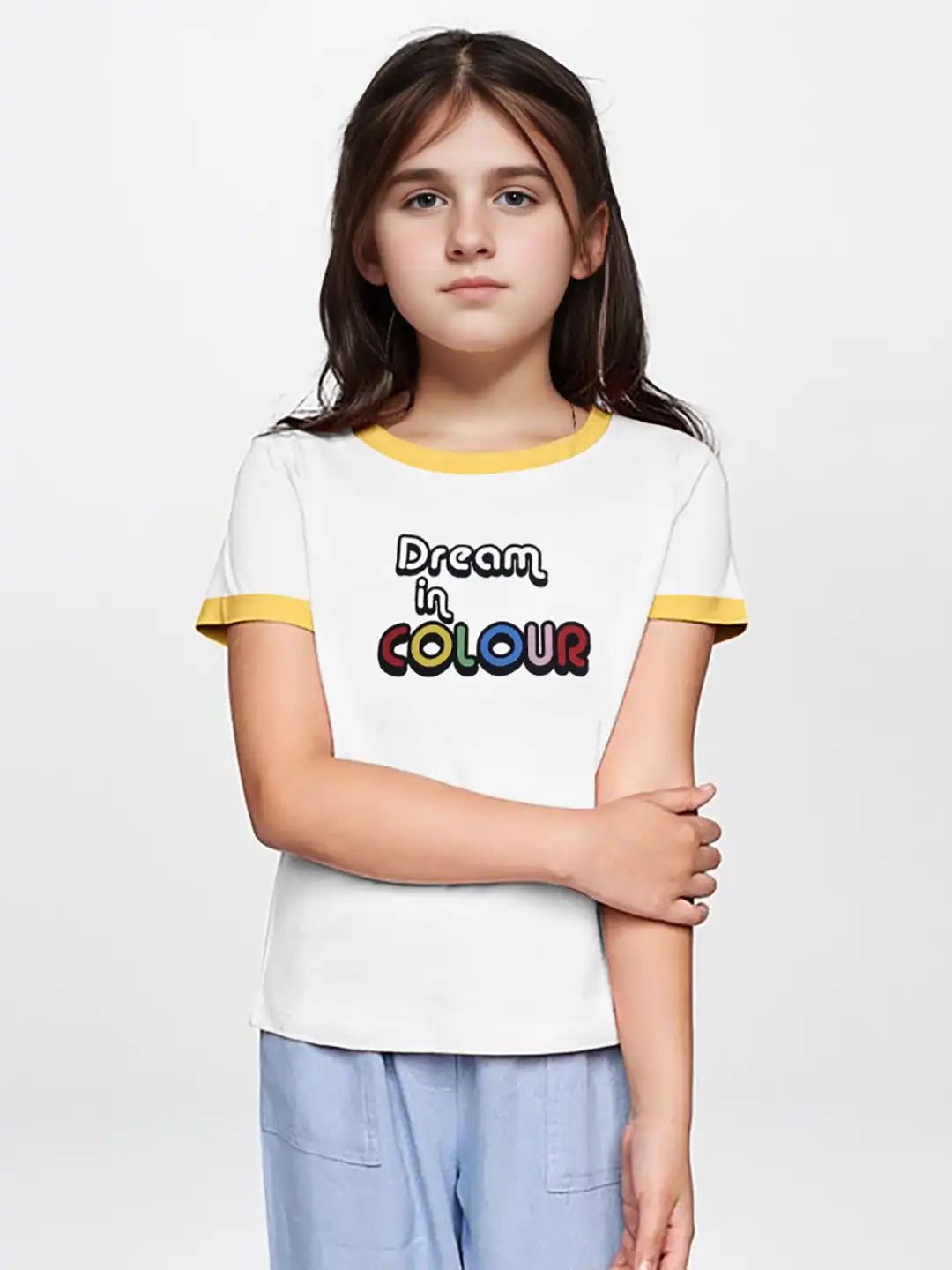 Teen Girls Ringer White Printed Crew Neck T-Shirt