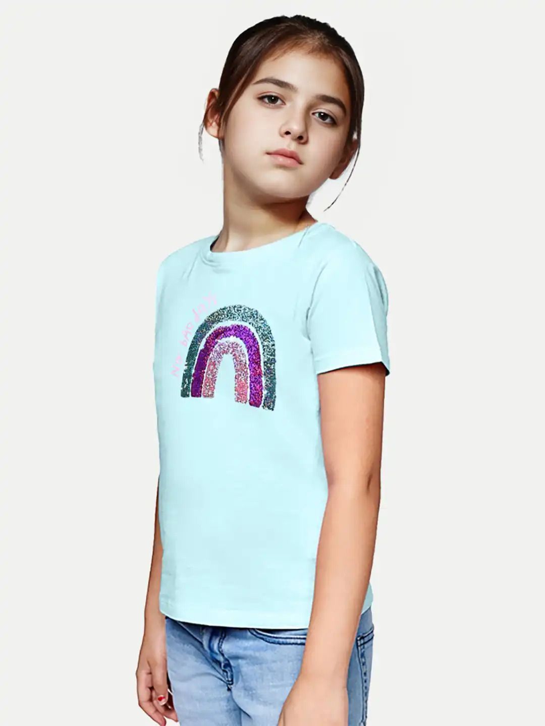 Teen Girls Sky-Blue Sequence Crew Neck T-shirt