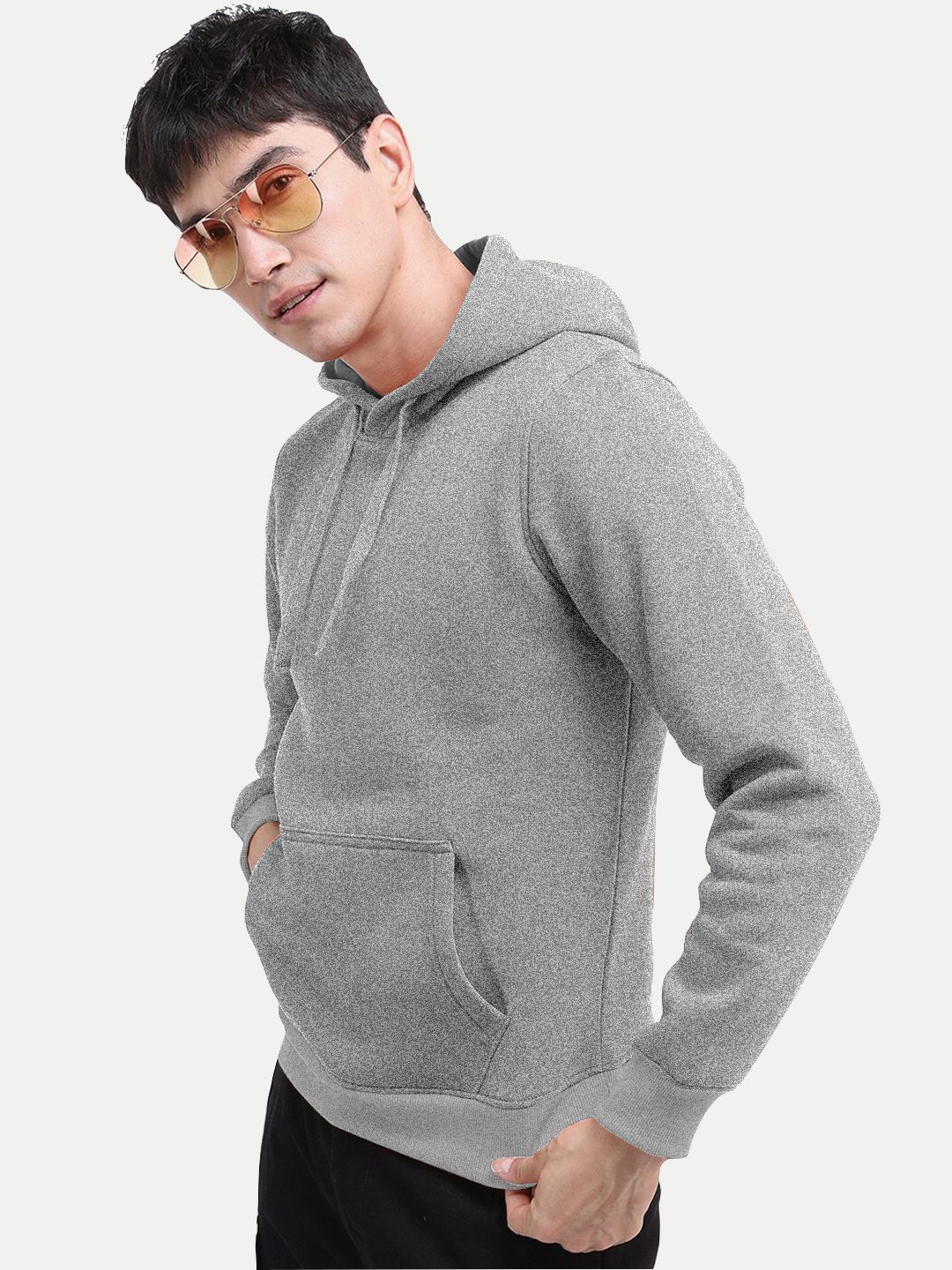 Men Solid Grey Melange Hoodie with Pockets