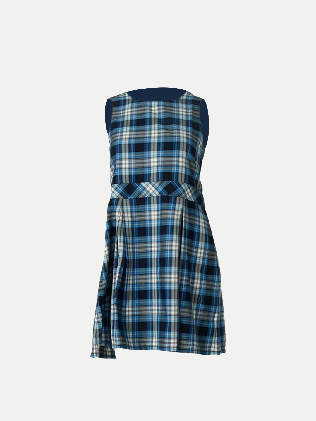 Blue A-line Pleated-dress with Checks