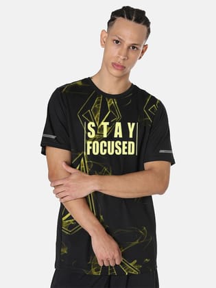 Men Black Graphic Printed and textured polyester T-shirt