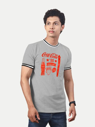 Men Grey Melange Printed Tees Coca Cola Ringer T Shirt