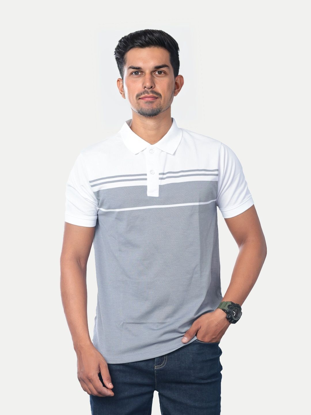 Men Grey Colour-blocked Polo T-Shirt