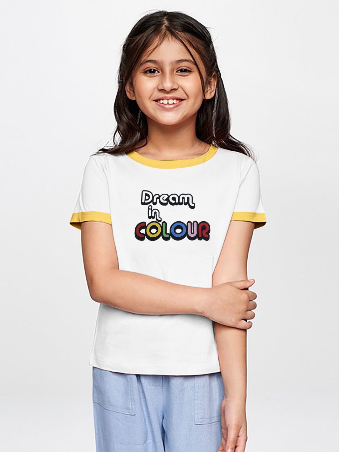 Girls White Printed T-shirt with Yellow Ribs