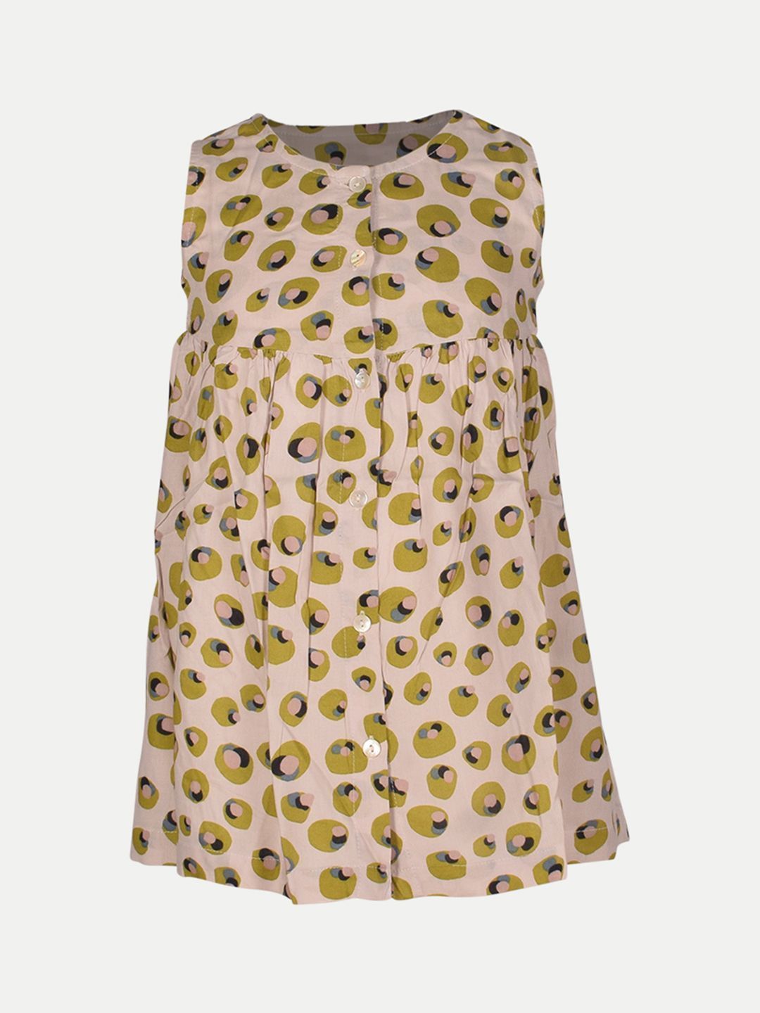 Girls Beige All-over Printed Cotton Dress