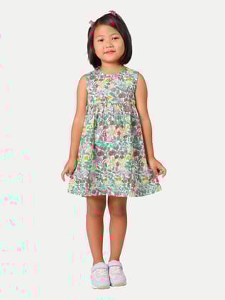 Girls Green Floral Printed Summer Dress