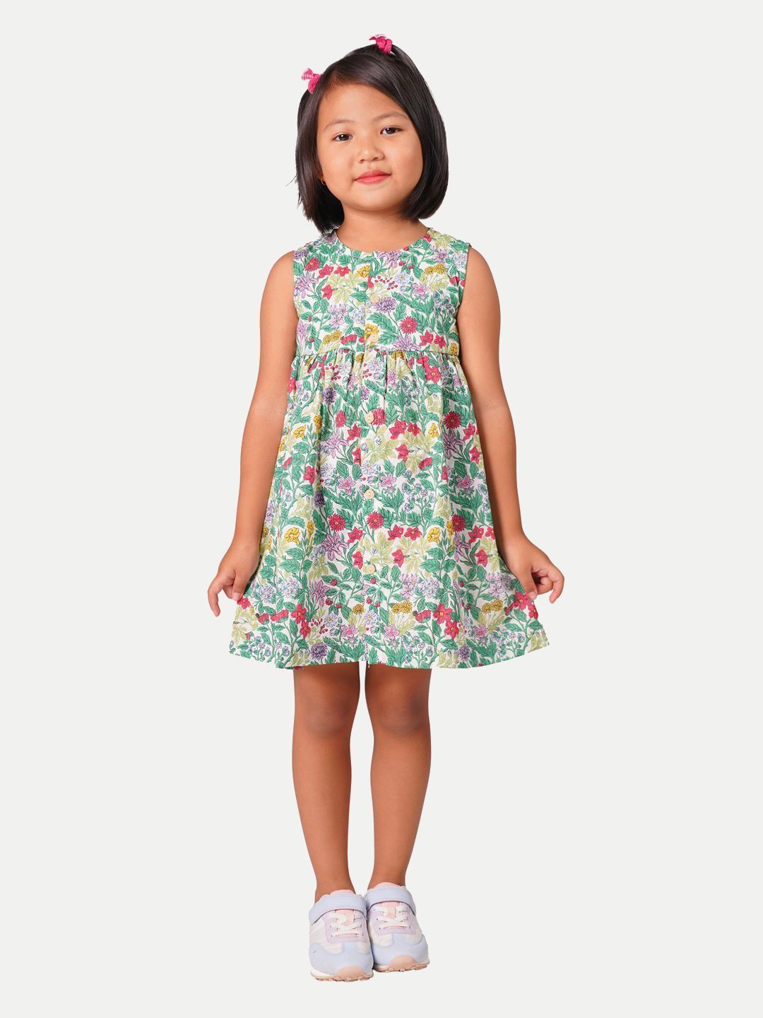 Girls Green Floral Printed Summer Dress