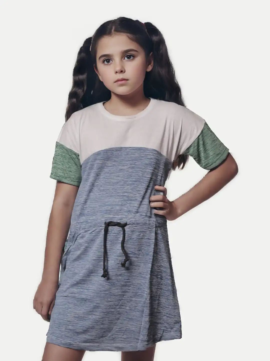 Blue/White T-shirt Dress with Drawstring-at-waist