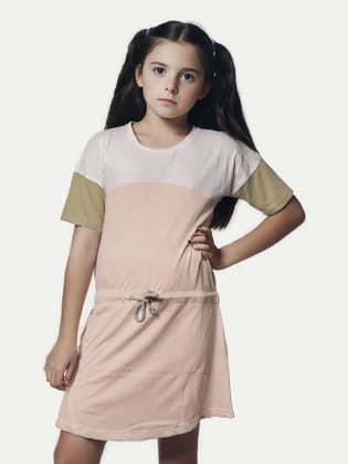 Girls Beige/White T-shirt Dress with Drawstring-at-waist