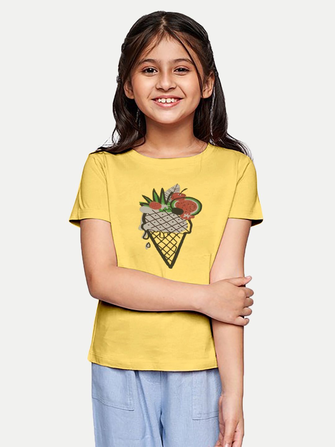 Girls Yellow Printed Crew Neck T-shirt with Frill-detail