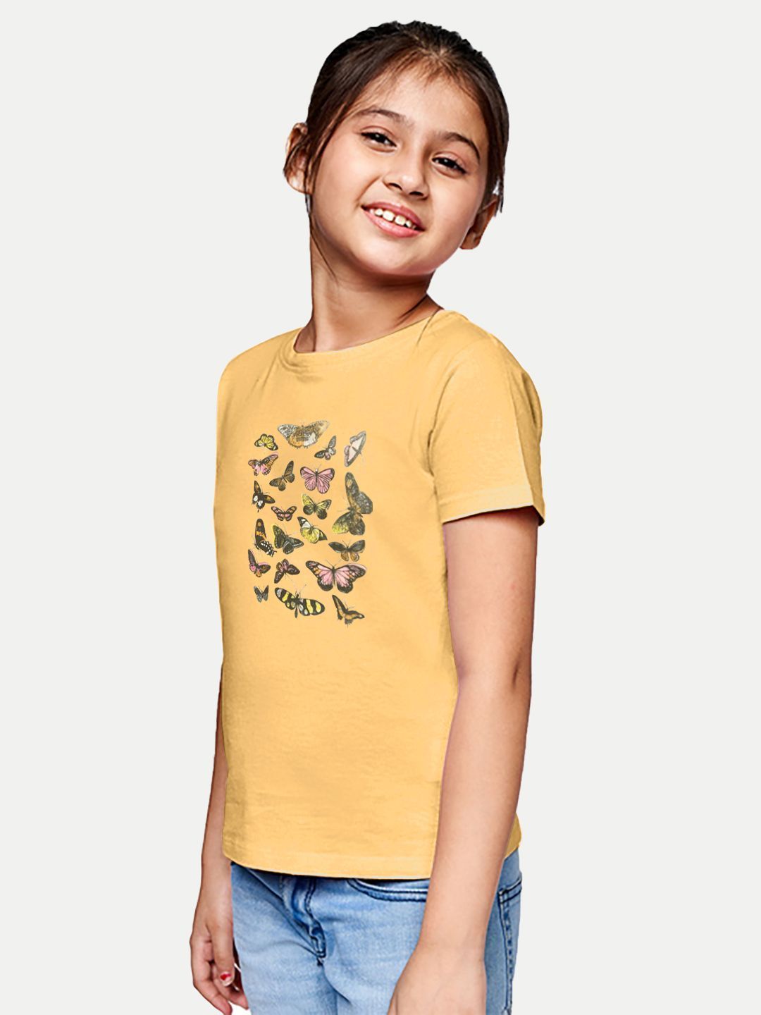 Girls Mustard Printed Crew Neck T-Shirt