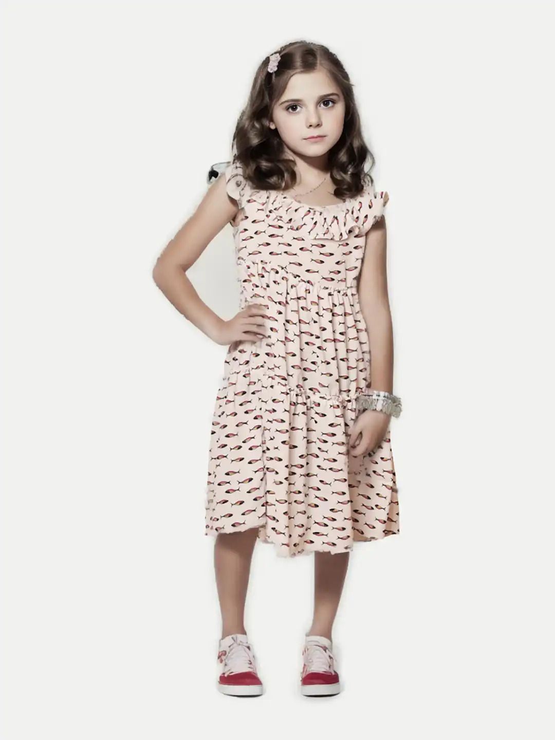 Girls Beige Floral Printed Dress