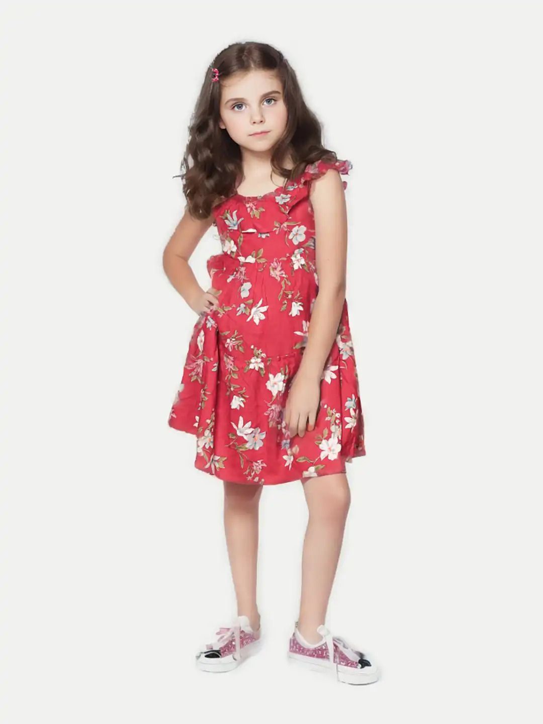 Girls Red Floral Printed Dress