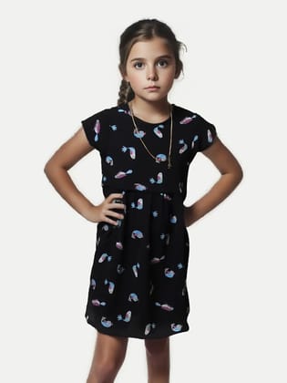 Girls Black All-over Printed Dress