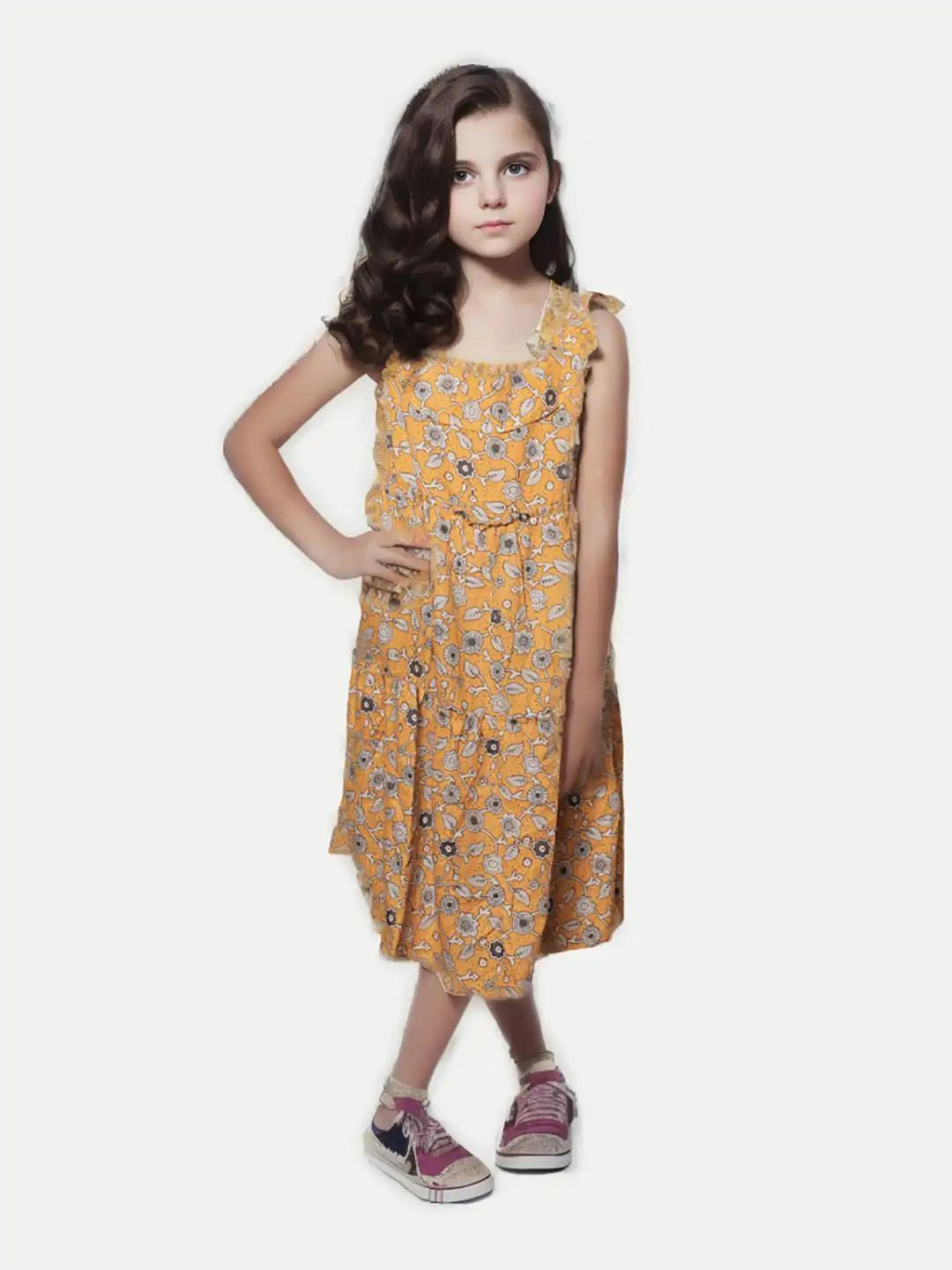 Girls Yellow Floral Printed Dress