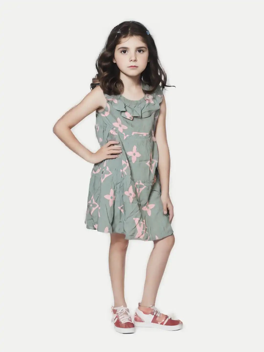 Girls Green Floral Printed Dress
