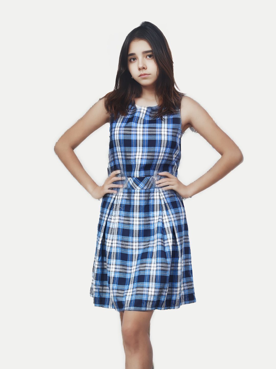 Girls Blue A-line Pleated-dress with Checks
